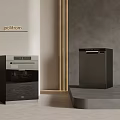 Modern Black Kitchen Appliances With Oven And Dishwasher Featuring Golden Accents In Minimalist Kitchen