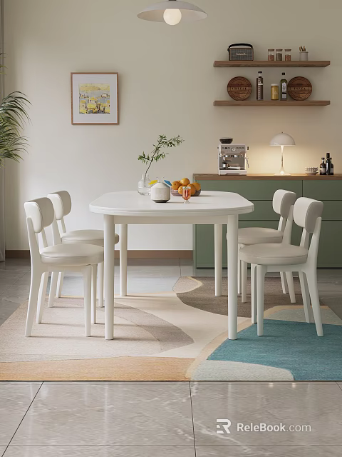 White Round Dining Table and Chairs Set with Decorative Plants Fruits in Modern Kitchen Space 3d model 