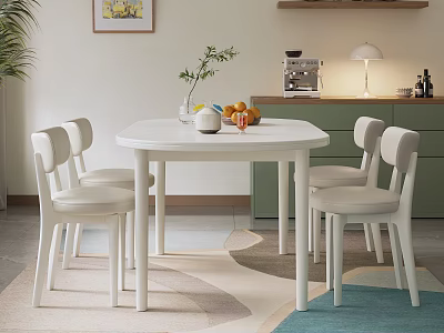 White Round Dining Table and Chairs Set with Decorative Plants Fruits in Modern Kitchen Space 3d model
