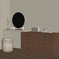 Wooden Dresser with Round Black Mirror Decor Items Radio Clock White Stool by Window Blinds