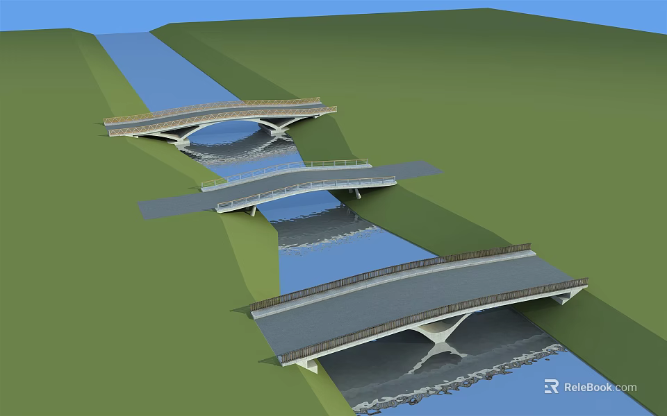 Three Modern Bridges Over River With Green Landscape And Architectural Design 3d model 