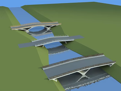 Three Modern Bridges Over River With Green Landscape And Architectural Design 3d model