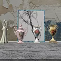 Decorative Ceramic Vases With Floral Patterns In Pastel Hues Against Weathered Wall Background