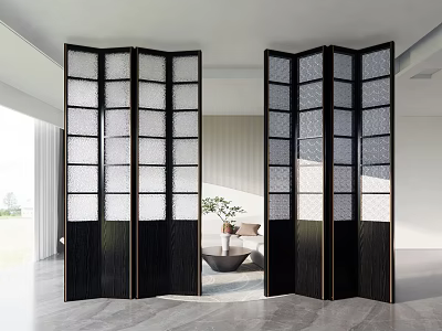 Modern Folding Partition Screen With Black Wooden Frame And Frosted Glass Panels 3d model
