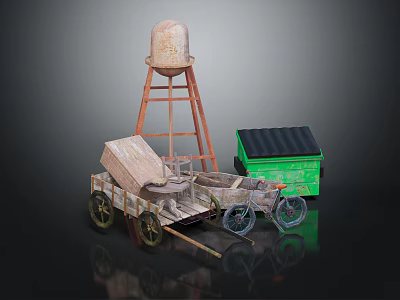 Vintage Water Tower With Metal Frame And Wooden Wheelbarrow Near Green Box 3d model