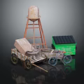 Vintage Water Tower With Metal Frame And Wooden Wheelbarrow Near Green Box