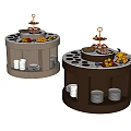 Round Wooden Buffet Tables With Fruit Dessert Displays And Stacked White Plates