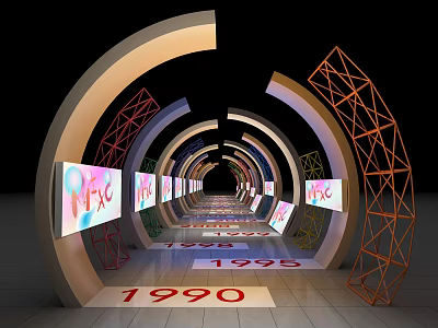 Activity Passageway With Arched Structure Screens Year Numbers And Geometric Frame Decorations 3d model