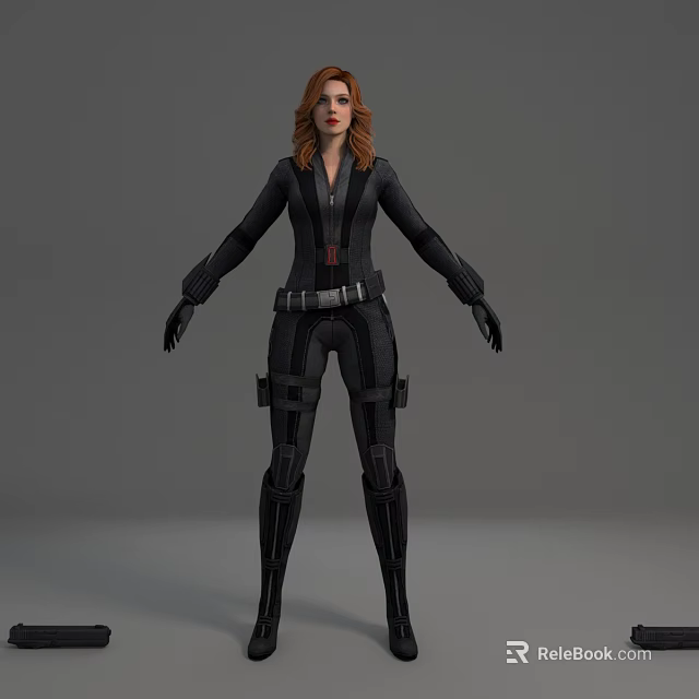 Woman In Black Tactical Combat Suit With Red Hair And Gloves 3d model 