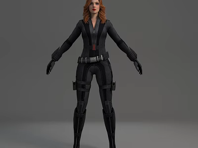 Woman In Black Tactical Combat Suit With Red Hair And Gloves 3d model
