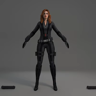 Woman In Black Tactical Combat Suit With Red Hair And Gloves 3d model