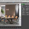 Modern Conference Room With Wooden Paneling Large Table Orange Chairs Green Plant And TV Screen
