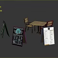 Minimalist Cafe Wooden Table Chairs With Black White Menu Signboards