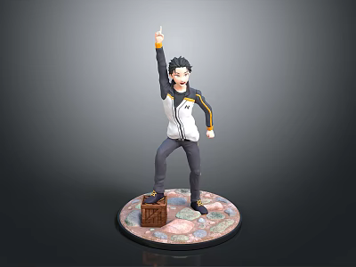 Anime Character Figurine White Gray Jacket Raised Right Hand Map Pattern Base Wooden Crate 3d model