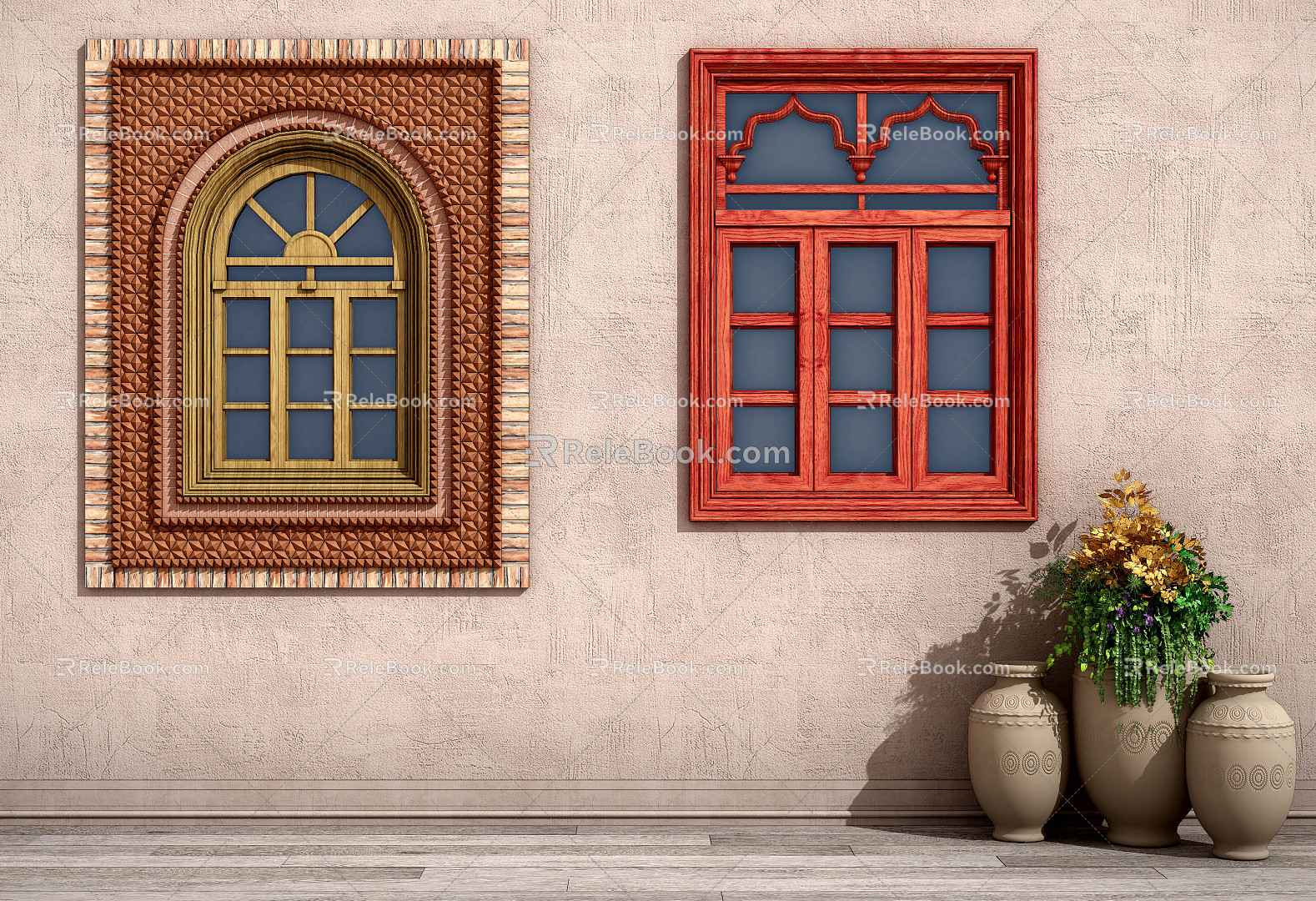 Modern windows, ethnic handicrafts, solid wood windows 3d model