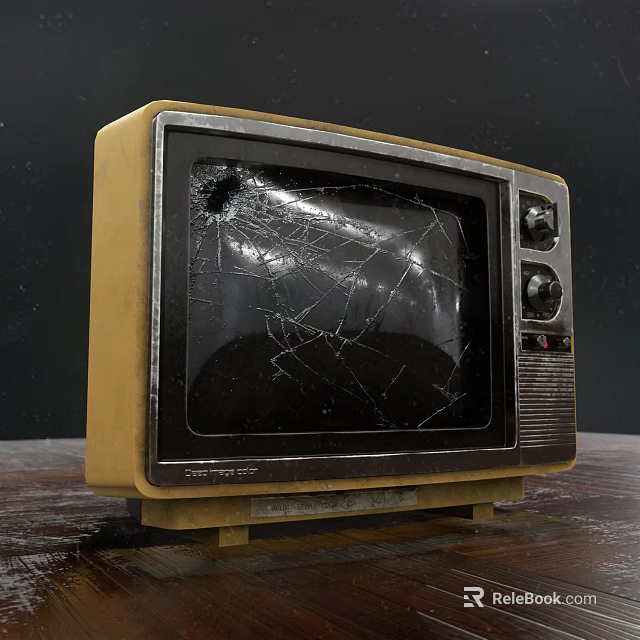 Vintage Television With Cracked Screen Yellow And Silver Casing Classic Design 3d model 