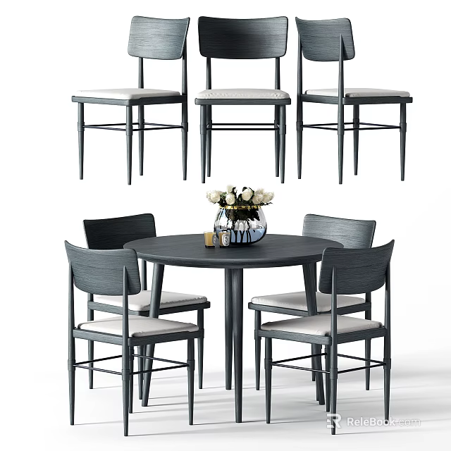 Round Black Dining Table Set With Four Gray Chairs And White Flower Vase 3d model