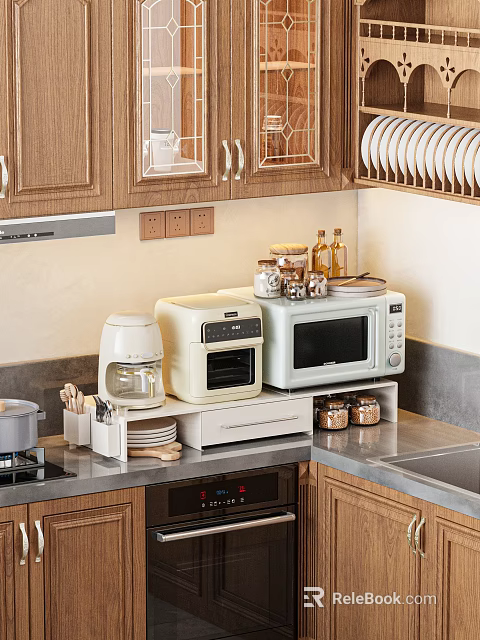 Modern Kitchen Appliances Including Toaster Oven Microwave On Organized Counter With Wooden Cabinets 3d model 