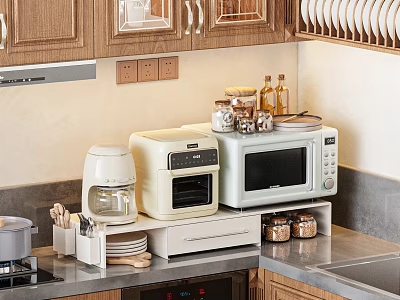 Modern Kitchen Appliances Including Toaster Oven Microwave On Organized Counter With Wooden Cabinets 3d model