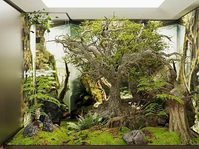 Lush Indoor Greenery Featuring Large Tree Ferns Moss And Stones 3d model