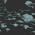 Flowing Art Installation With Light Green Leaf Like Shapes Hanging Floating on Black Background