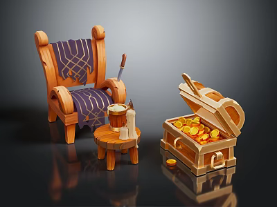 Open Treasure Chest Filled With Gold Coins Near Wooden Chair And Small Stool 3d model
