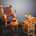 Open Treasure Chest Filled With Gold Coins Near Wooden Chair And Small Stool