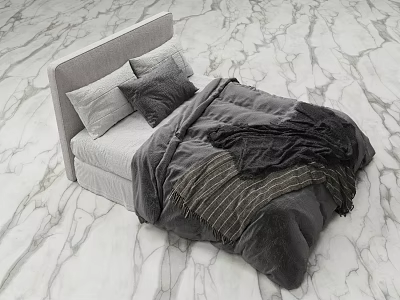 Modern Double Bed With Gray Headboard Gray Black Bedding And Striped Blanket On Marble Floor 3d model