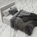 Modern Double Bed With Gray Headboard Gray Black Bedding And Striped Blanket On Marble Floor
