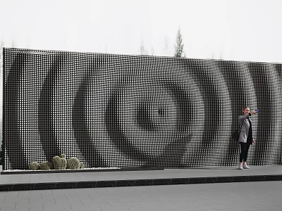 Grid Patterned Feature Wall With Spiral Black White And Person Taking Photo Near Small Plants 3d model