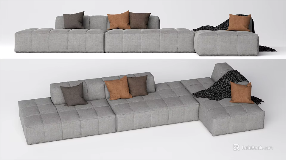 Gray Sectional Sofa Design With Modular Structure Brown Gray Cushions And Black Throw Blanket 3d model