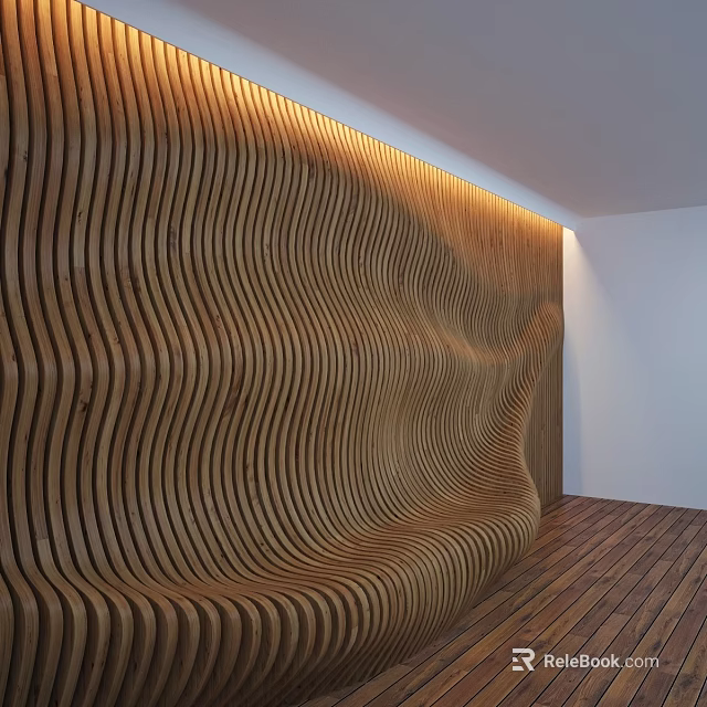 Wavy Wooden Wall with Curved Stripes Design in Modern Interior With Wooden Floor 3d model 