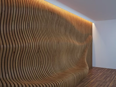 Wavy Wooden Wall with Curved Stripes Design in Modern Interior With Wooden Floor 3d model
