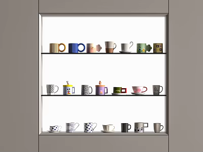 Various Colored Patterned Mugs Arranged on Three Shelves in White Display Cabinet 3d model