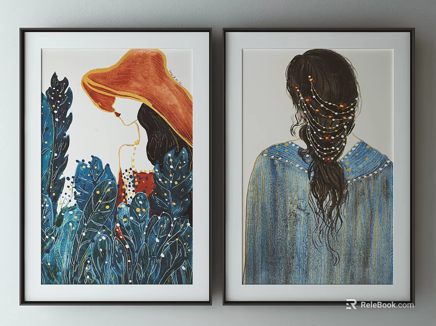 Framed Decorative Art Prints with Woman in Orange Hat and Girl with Long Braids 3d model 