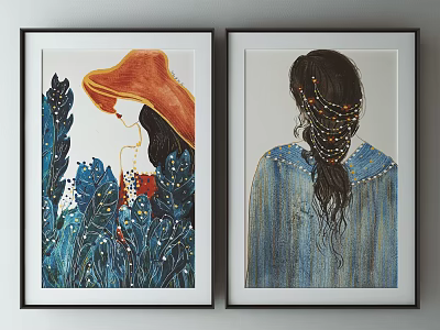 Framed Decorative Art Prints with Woman in Orange Hat and Girl with Long Braids 3d model