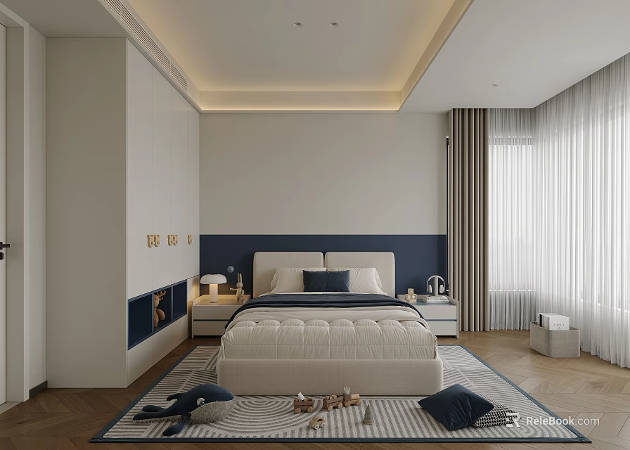 Cozy Kids Room Interior With White And Blue Walls Bed Striped Rug And Toys 3d model 