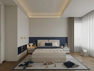 Cozy Kids Room Interior With White And Blue Walls Bed Striped Rug And Toys 3d model