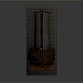 Ancient Traditional Building Model with Curved Thatched Roof Wooden Structure Stone Steps and Red Flags