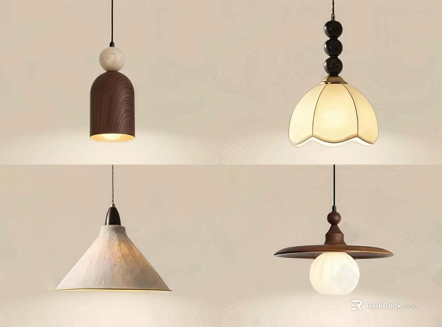 Various Stylish Pendant Lights With Wooden Fabric And Glass Designs For Home Decor 3d model 
