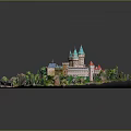 Elaborate Castle Architecture Model With Lush Green Trees Scenic Lake And Winding Path