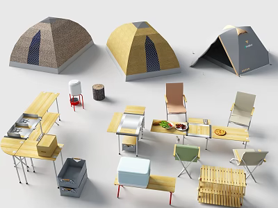 Outdoor Camping Furniture Collection With Folding Tables Chairs Grill Storage Cabinets And Tents 3d model