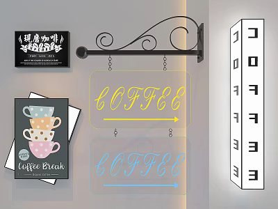 Café Decorative Lights With Neon Coffee Sign Yellow Blue Glow Wall Mounted Design 3d model