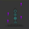 Enchanting Landscape With Mystical Tower Blue Glowing Green Patterns Purple Pyramids And Gray Block Base