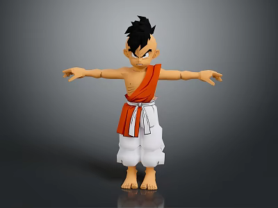 Anime Character Figure With Spiky Black Hair Orange Sash White Pants And Arms Outstretched 3d model