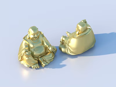 Golden Seated Buddha Sculptures With Smiling Expressions And Relaxed Posture 3d model