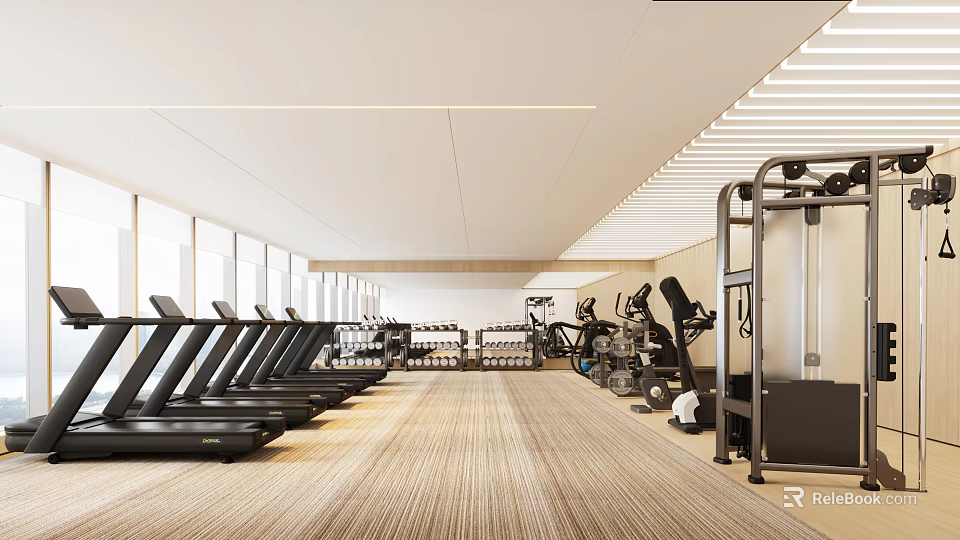 Elegant Modern Gym Interior With Treadmills Exercise Machines And Equipment 3d model 