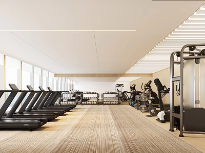 Elegant Modern Gym Interior With Treadmills Exercise Machines And Equipment 3d model
