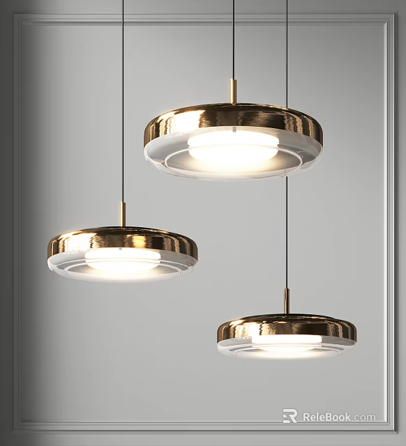 Three Modern Circular Pendant Lights With Metallic Frame Illuminated In Minimalist Space 3d model 