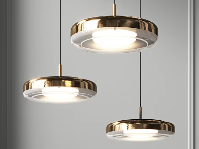 Three Modern Circular Pendant Lights With Metallic Frame Illuminated In Minimalist Space 3d model